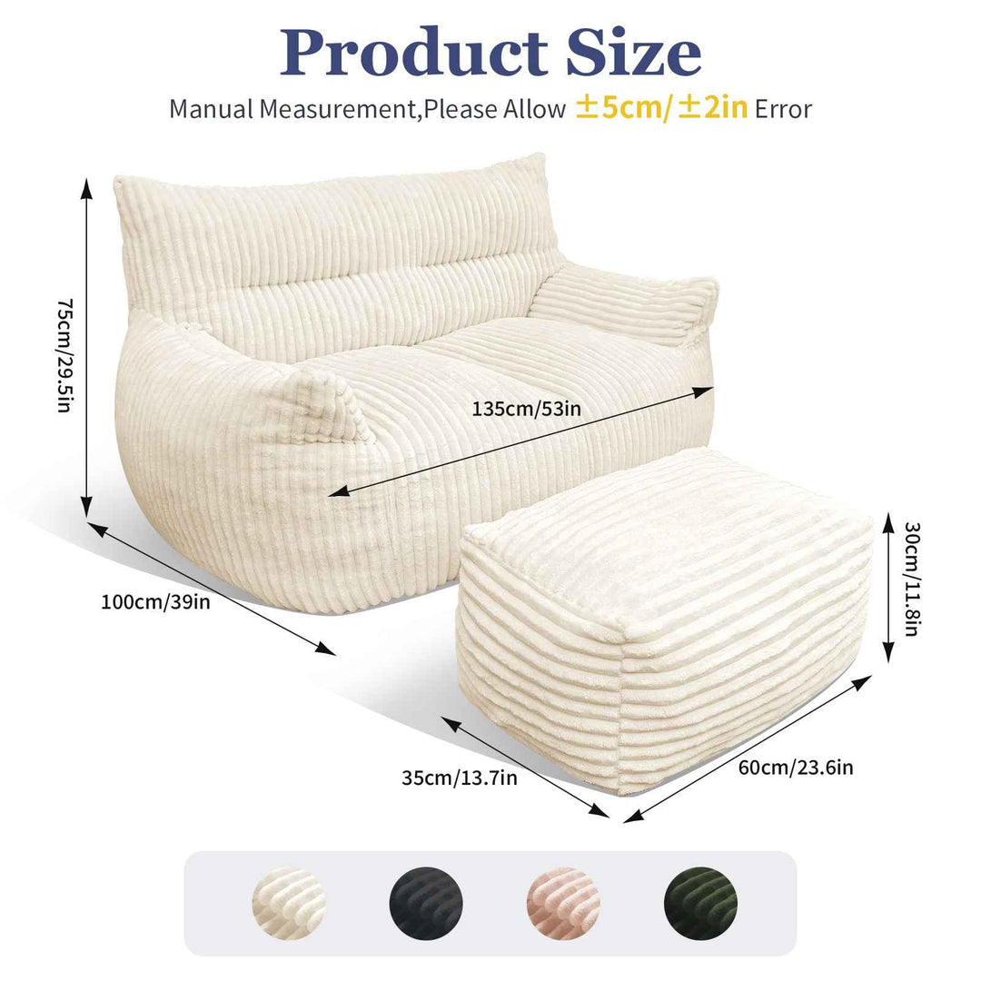 2-Seater Corduroy Lazy Sofa with Ottoman, Oversized Striped Floor Couch, No Assembly, Ergonomic, White, for Bedroom, Living Room, Small Apartment