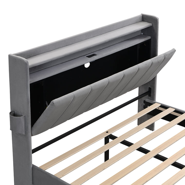 Upholstered velvet grey double bed with storage headboard, LED lighting and charging ports 135x190cm FIRNSNOW UK