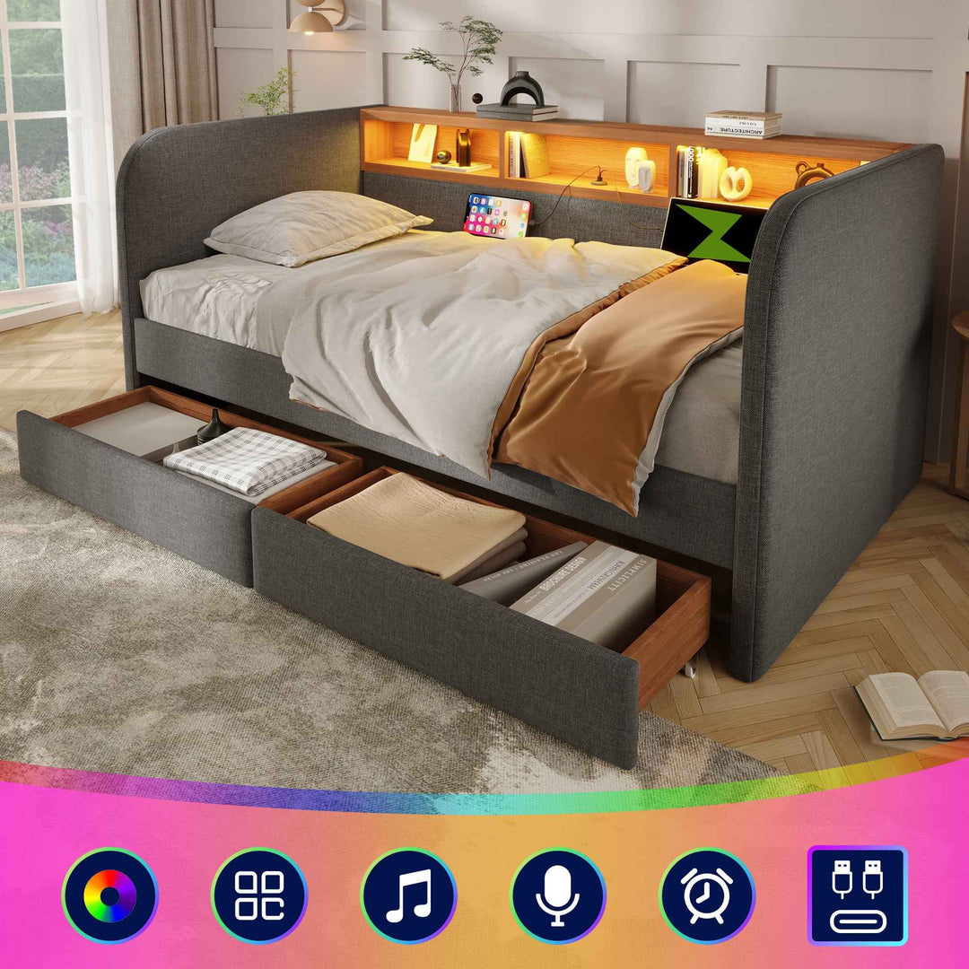 Upholstered Daybed Single 90x190cm Grey Linen with Headboard Storage, LED & USB Type-C, 2 Drawers, Modern Sofa Bed for Bedroom