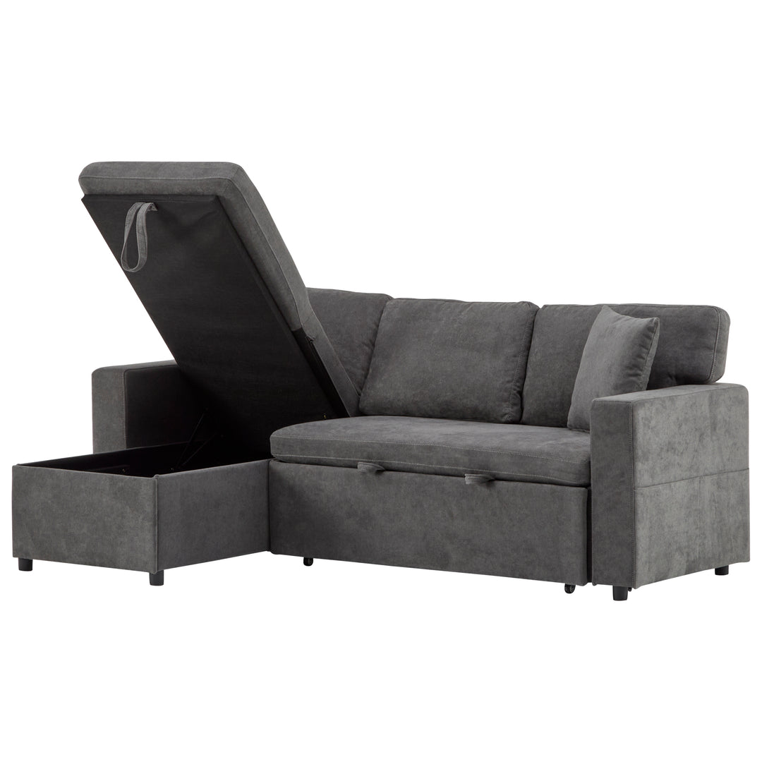Grey L-shaped corner sofa bed, side shelf with integrated USB and storage VOLATILGAS