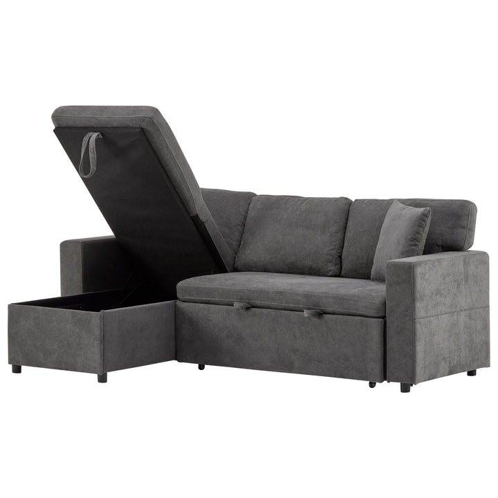 Grey L-shaped corner sofa bed, side shelf with integrated USB and storage VOLATILGAS