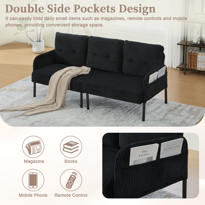 00+Oversized Loveseat Sofa, Corduroy Upholstered Double-Seater, Black for Living Room NOVADYNE