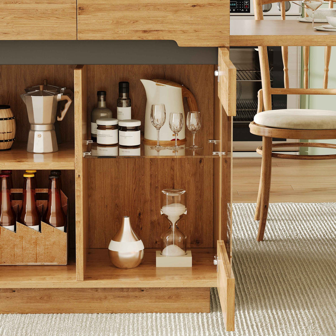 Kitchen island with extendable table, oak effect, LED glass door, 2 drawers INFINITECASC