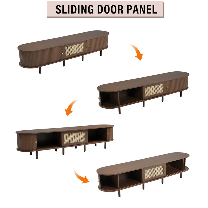 Retro walnut TV stand oval rounded corners 2 slide doors 180×40×40cm SOREN