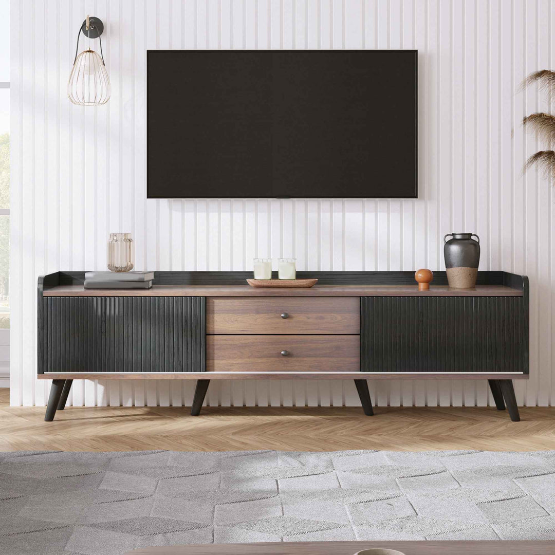 00+缺图 TV Stand 160 cm Black and Wood with 2 Sliding Doors and 2 Drawers for Living Room VANITYLINE