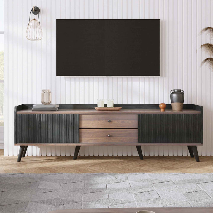 00+缺图 TV Stand 160 cm Black and Wood with 2 Sliding Doors and 2 Drawers for Living Room VANITYLINE