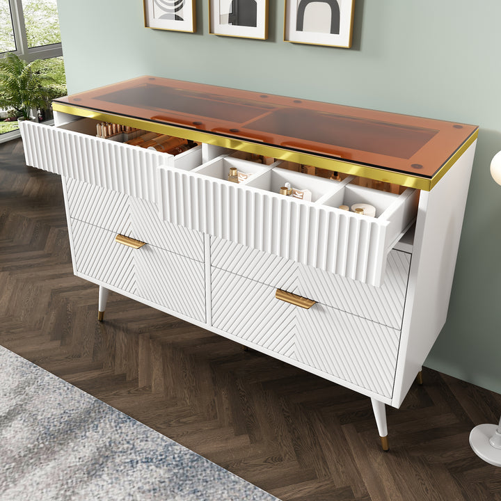 White sideboard dresser with 6 drawers and colored glass golden handles VIGZUN UK