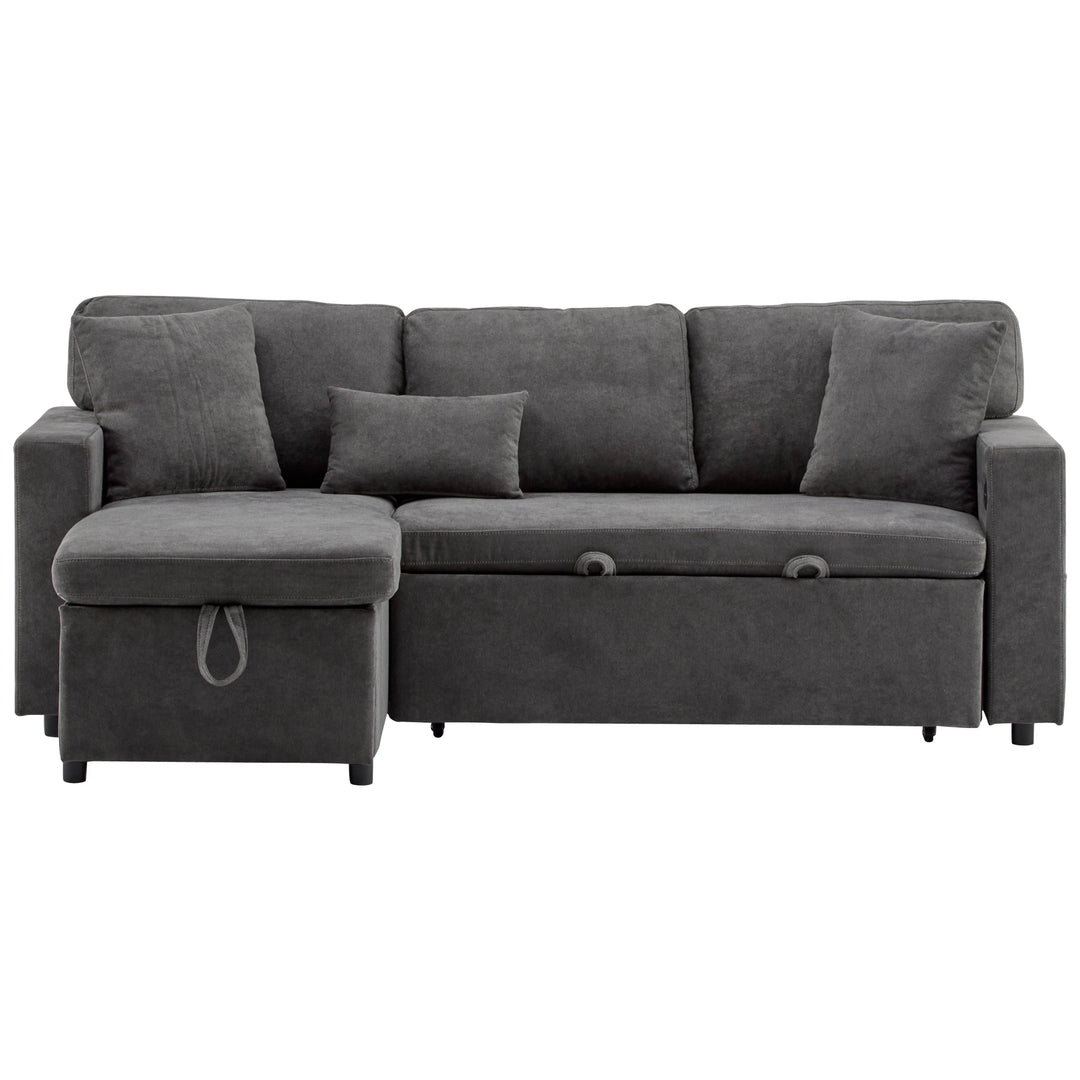 Grey L-shaped corner sofa bed, side shelf with integrated USB and storage VOLATILGAS