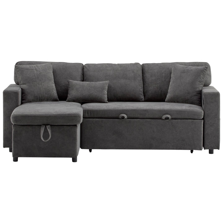 Grey L-shaped corner sofa bed, side shelf with integrated USB and storage VOLATILGAS