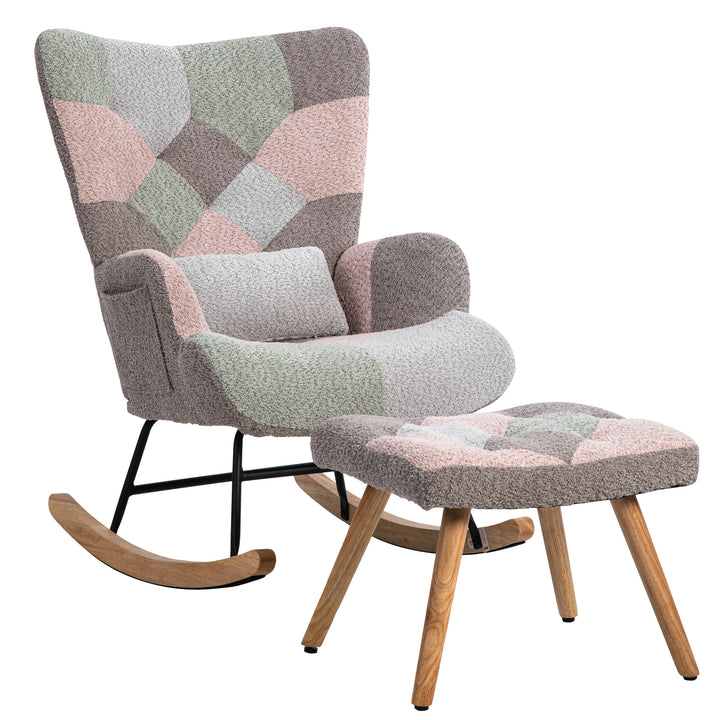 Patchwork rocking chair with footstool, bouclé fabric accent chair with wooden legs and cushion RECTRIX