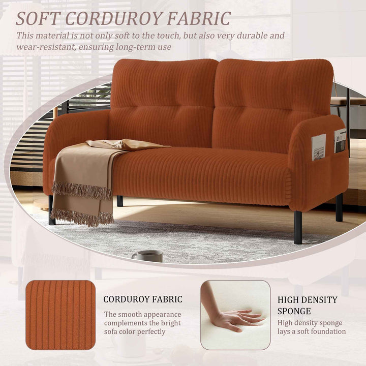 00+Corduroy Loveseat Sofa 2 Seater, Orange, Soft High-Density Foam, Double Side Pockets, Living Room & Bedroom NOVAIST