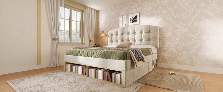 King Size Upholstered Bed Frame with Storage Drawers, Adjustable Headboard, Velvet, Beige, 150x200cm, Space-Saving Modern Design