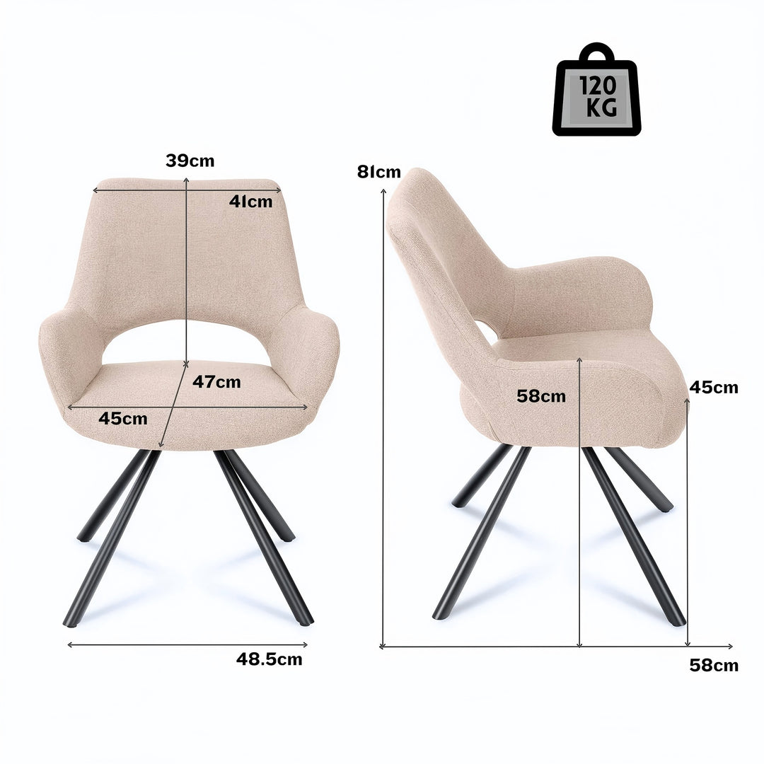 Set of 2 beige fabric dining chairs with black metal legs BETH FABRIC LIGHT BROWN