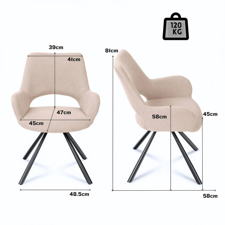 Set of 2 beige fabric dining chairs with black metal legs BETH FABRIC LIGHT BROWN