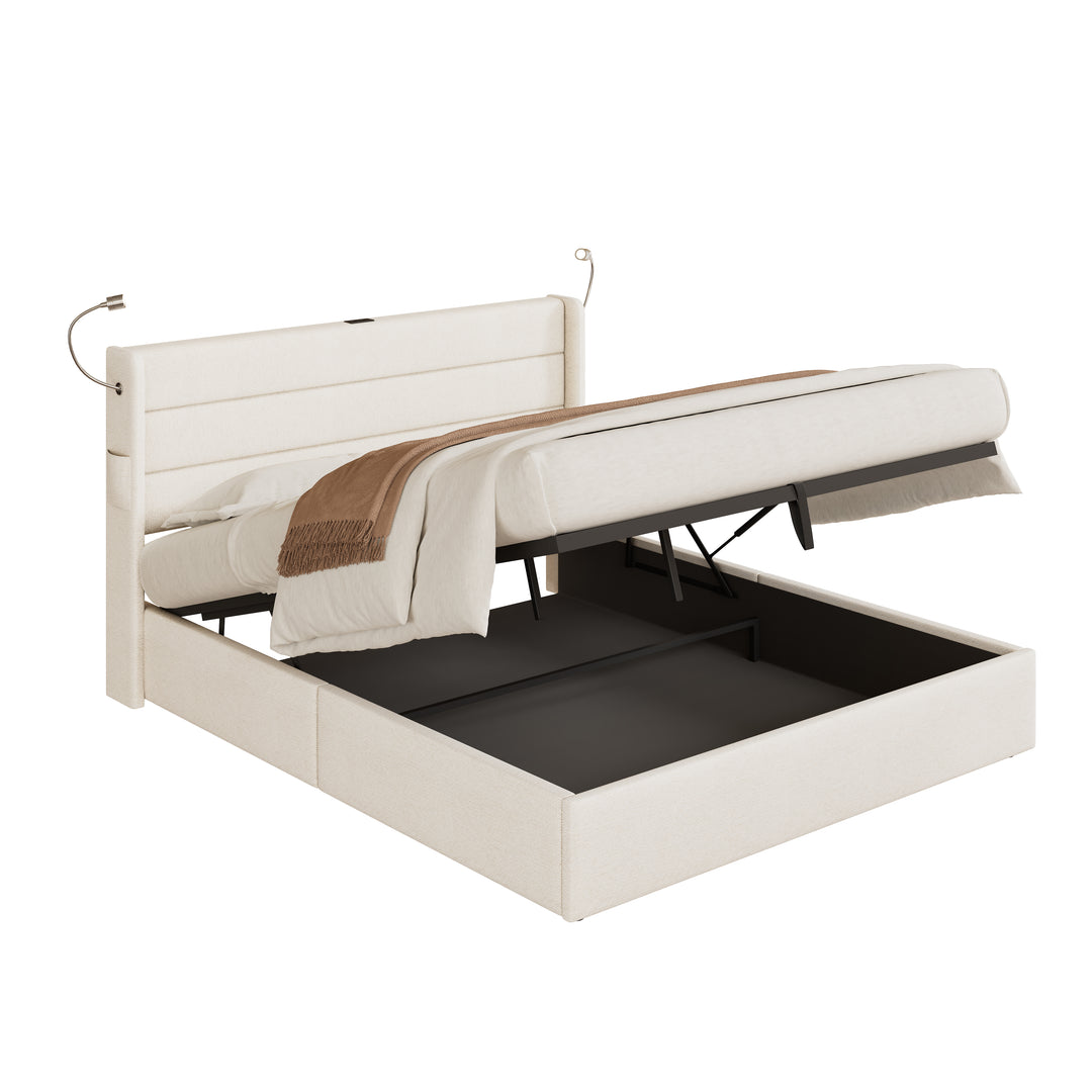 Beige linen upholstered king size divan bed with storage, lampe and charging station 150x200cm GRANULE UK