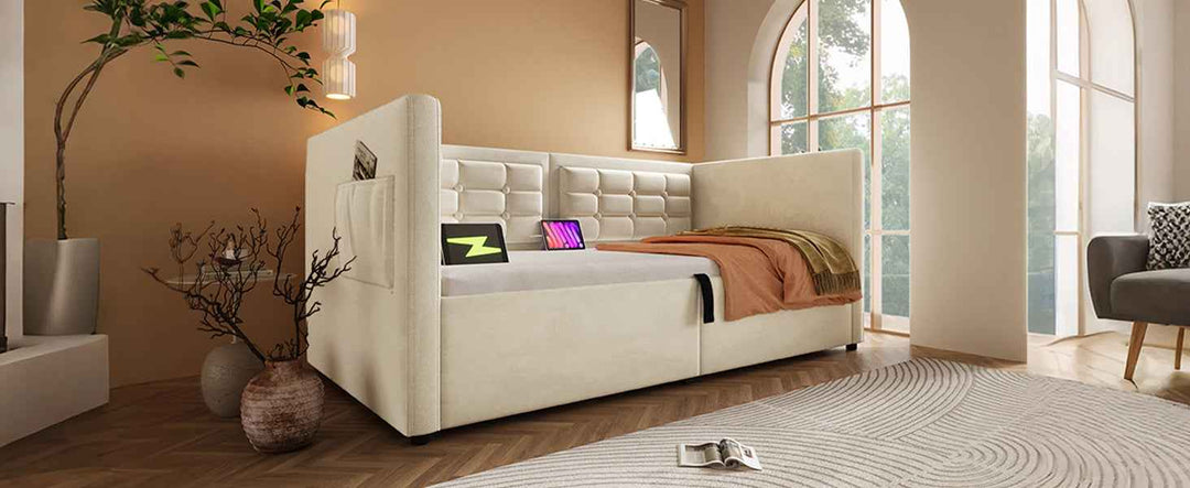 Daybed Upholstered Bed 90x190cm Velvet Beige, Single Sofa Bed with USB & Type-C Charging, Hydraulic Storage, 3FT, for Bedroom & Living Room (No Mattress)