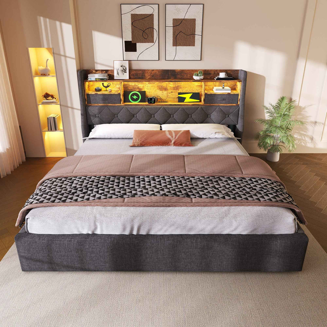 00+Double Bed Frame 135x190cm Hydraulic Storage Bed with LED Lighting, Grey Linen, No Mattress CONCRETENIGHTSTAND