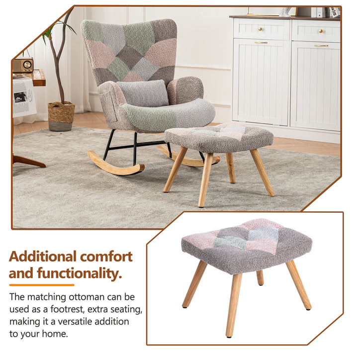 Patchwork rocking chair with footstool, bouclé fabric accent chair with wooden legs and cushion RECTRIX