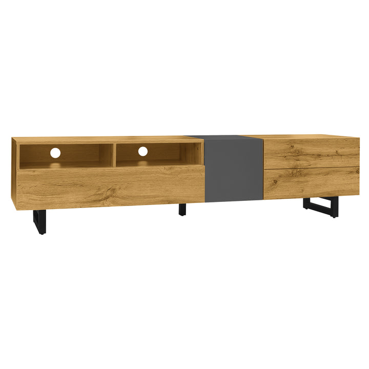 Colorblock TV cabinet retro wood grain compartments, U-shaped metal legs RESPIRATO