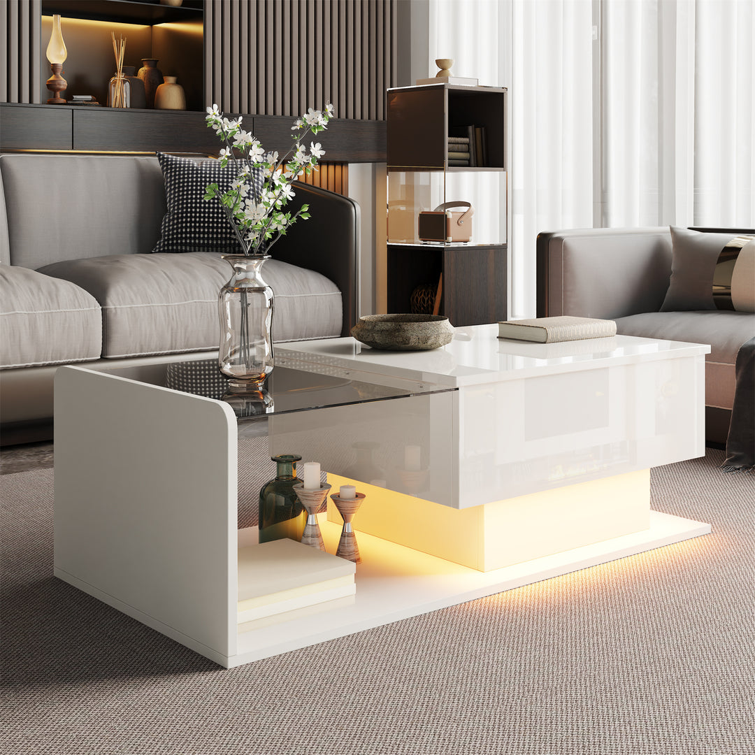 White high-gloss rectangular coffee table and LED lighting with glass top LUNG