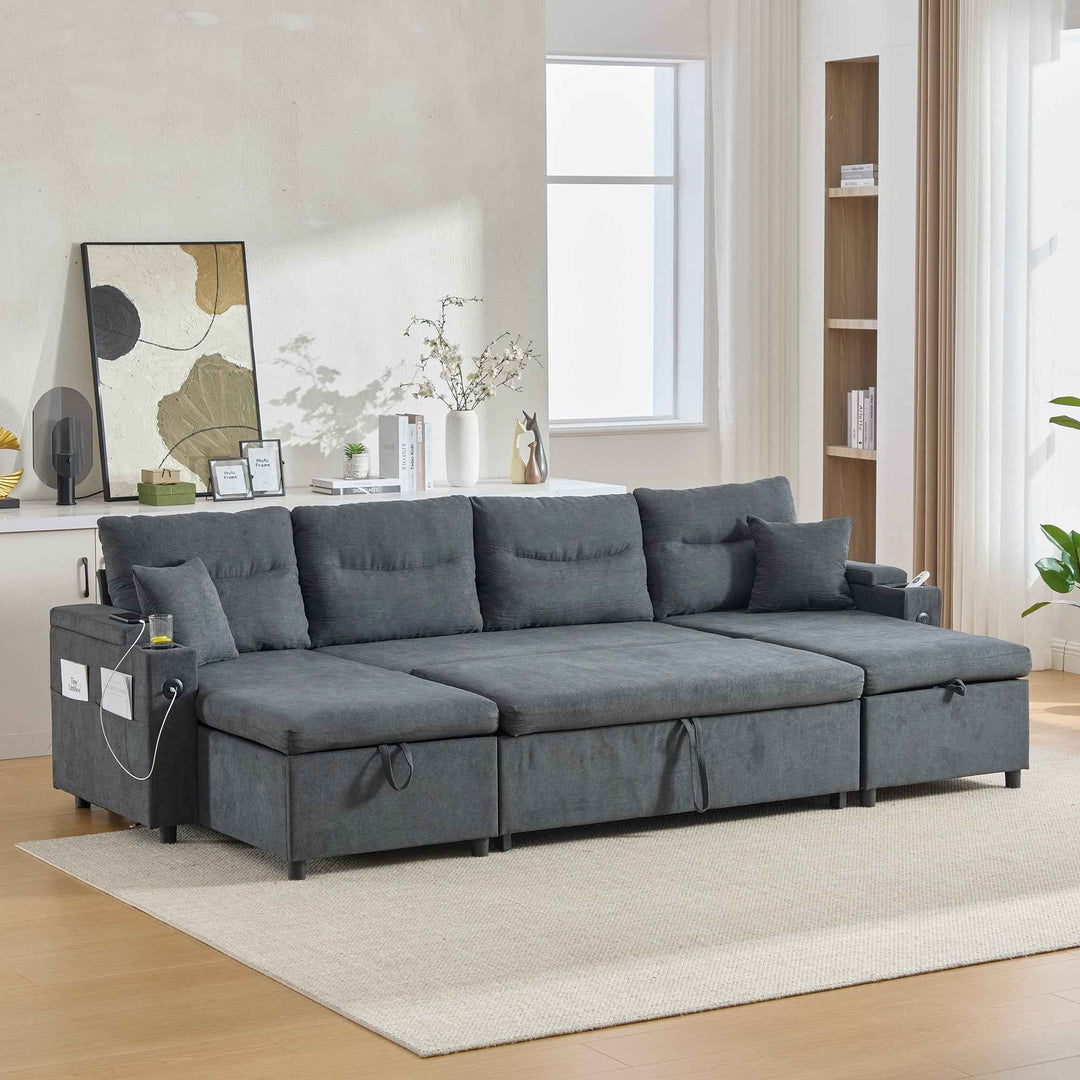 00+缺图 4-Seater Linen Fabric Sofa, Dark Grey, 272 cm, Dual Chaise Sleeper with Storage TRUNKSET