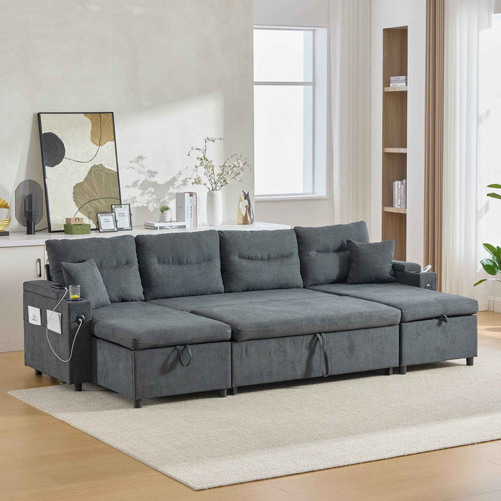 00+缺图 4-Seater Linen Fabric Sofa, Dark Grey, 272 cm, Dual Chaise Sleeper with Storage TRUNKSET