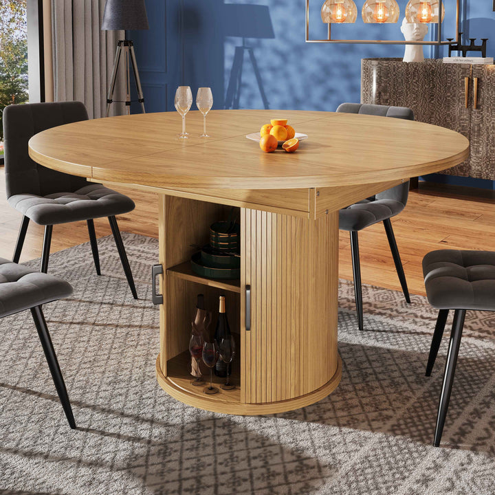 Extendable natural wooden look dining table round to oval 118–158cm INFINITEQUASI