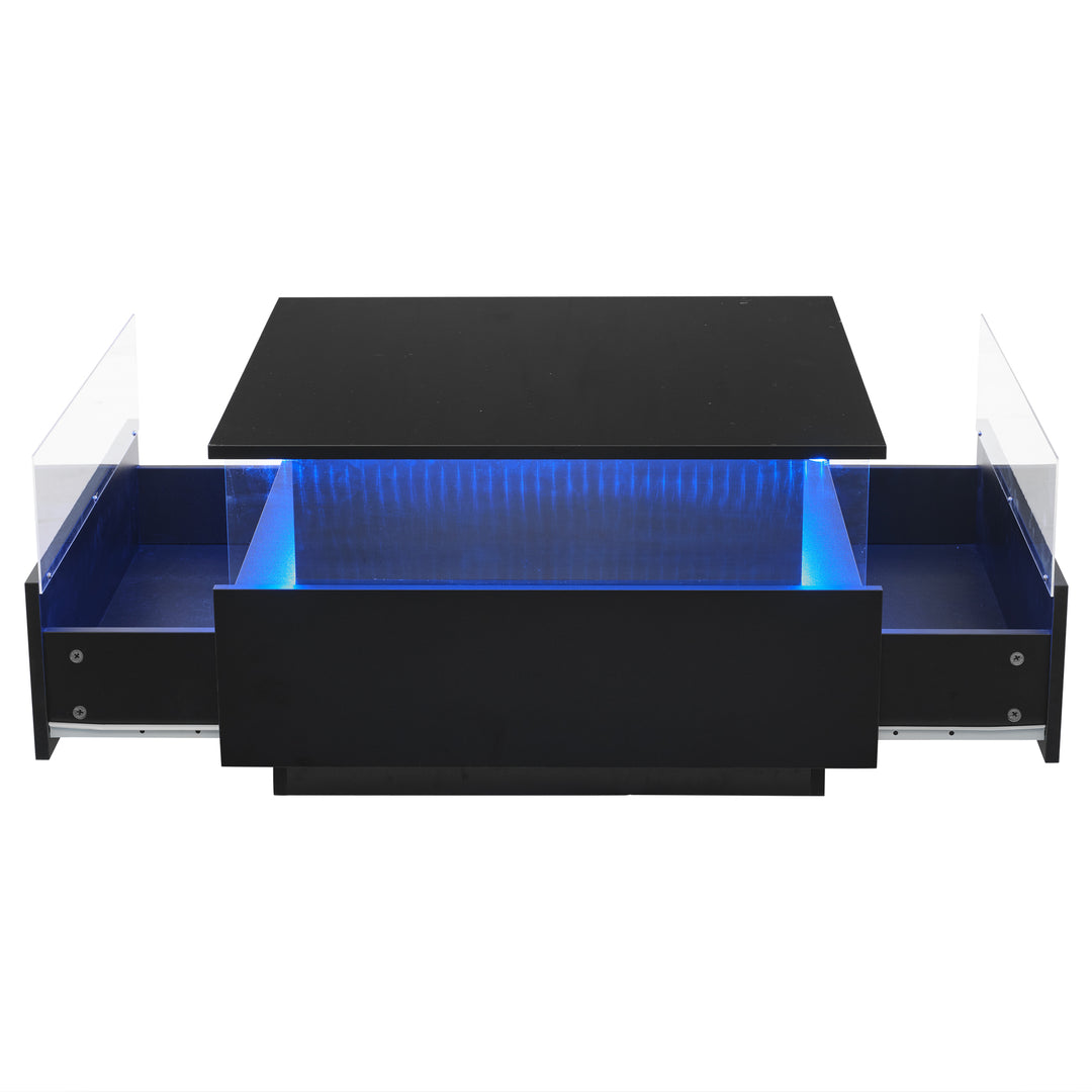 Modern LED light high gloss black square coffee table with 2 drawers THERAPY