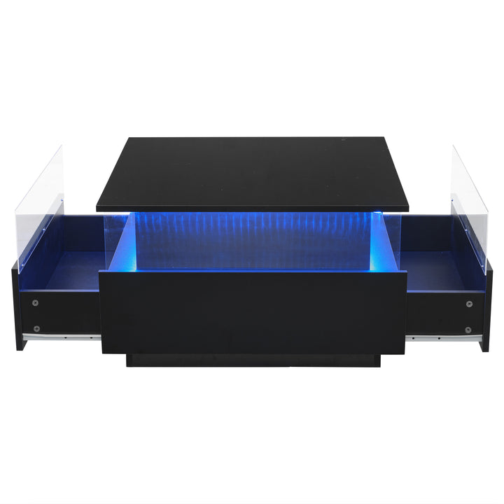 Modern LED light high gloss black square coffee table with 2 drawers THERAPY