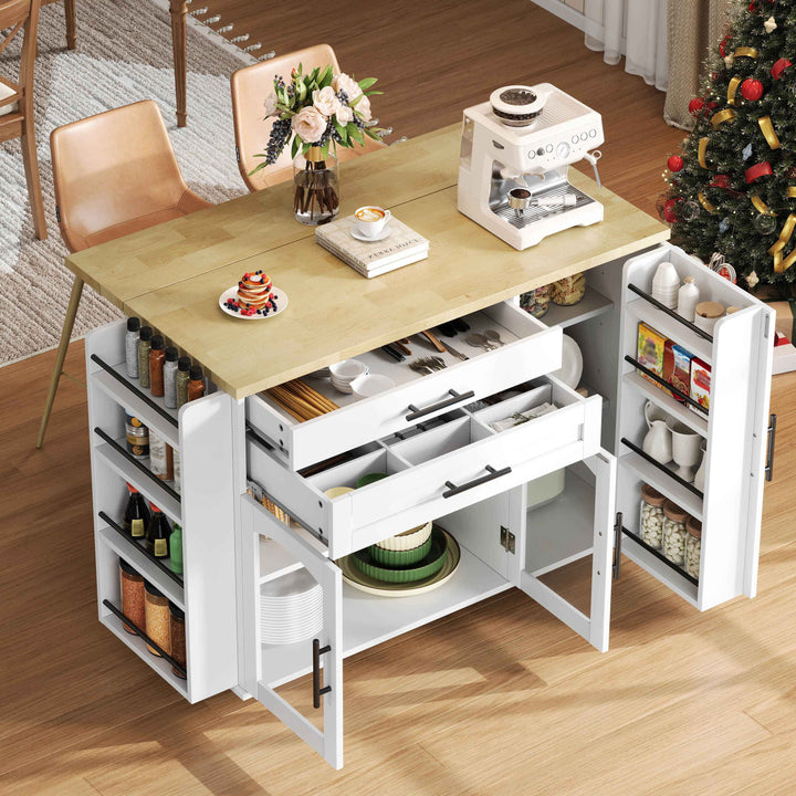 00+Mobile Kitchen Island Trolley White Foldable Worktop, 5 Wheels, Glass Doors, Storage Racks, Cutlery Drawer NOVAOR