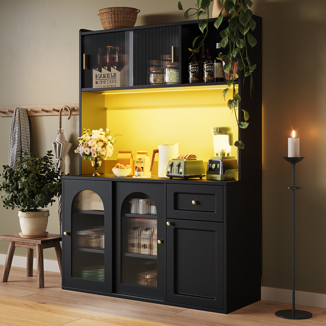 Black kitchen hutches buffet with LED lighting, fluted glass sliding doors VIGOURAN