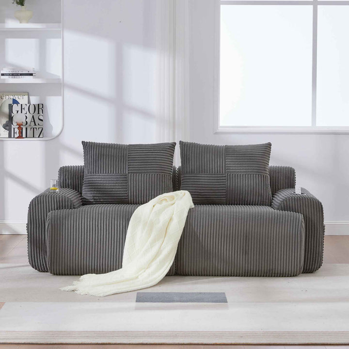 Modular 2-Seater Corduroy Sofa Dark Grey, High-Density Foam, Cup Holders & Side Pockets, Space-Saving, Living Room Modern Style