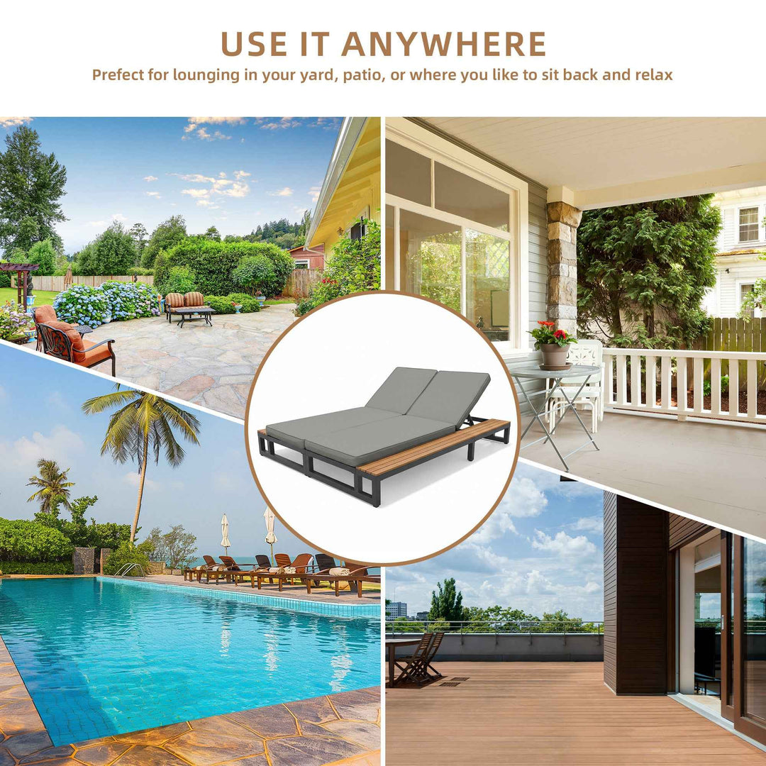 Modern outdoor chaise lounge grey with teak wood side table,4-position adjustable sunlounger QUASARKRYNN