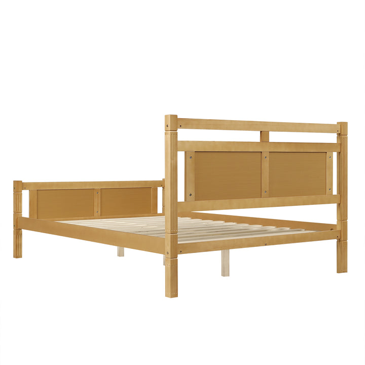 Wooden Double Bed 4ft6 (135x190cm), Solid Pine & MDF, Rattan Headboard, Sturdy Slats, Natural Finish, Versatile Style for Bedrooms SERENEORA