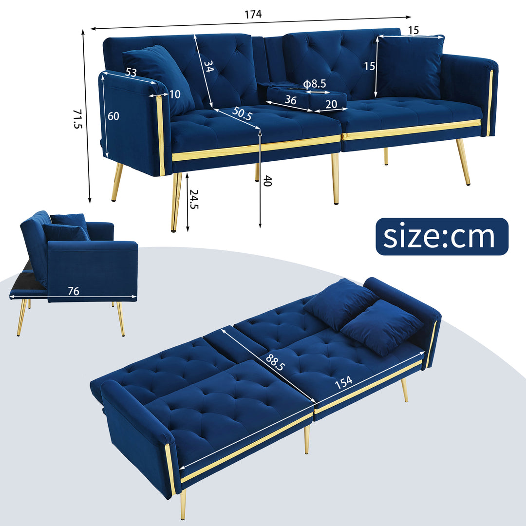 Blue velvet tufted 2-seater sofa bed with gold legs hidden fold-down cup holder FUMAROLEVENT
