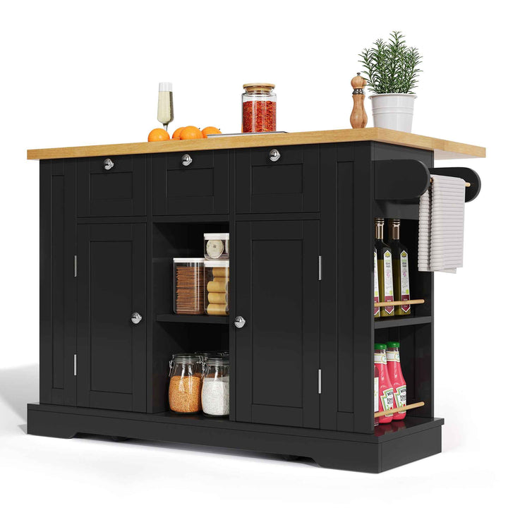 00+Kitchen Island on Wheels 132cm, Foldable Drop Leaf, MDF, Natural+Black, 3 Drawers, Spice Rack, Towel Holder, Charging Station VERTEXKORR