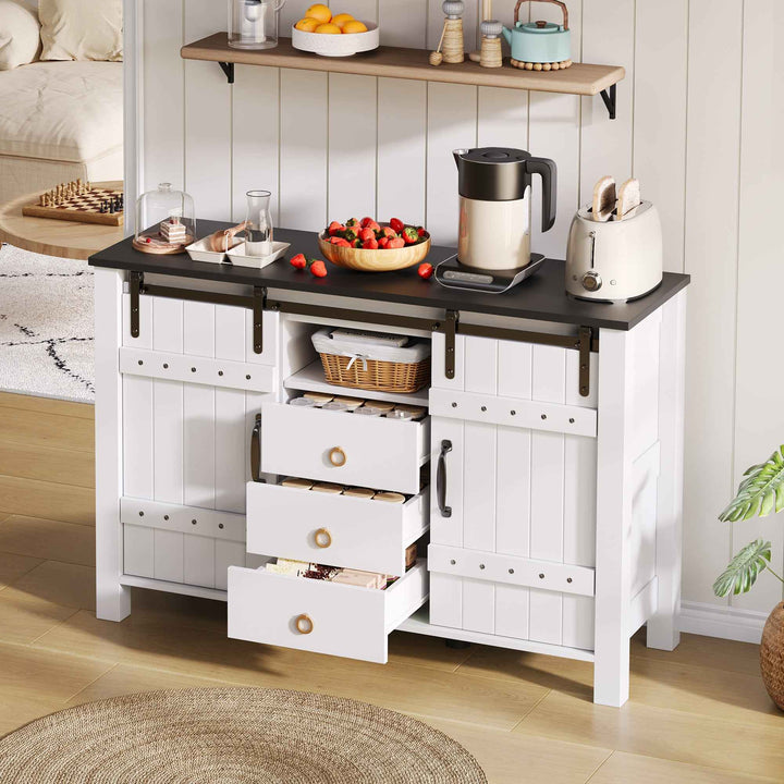 00+Sideboard Cabinet 120cm White with Sliding Doors & 3 Drawers, Rustic Storage Buffet for Kitchen VERTEXLYNX