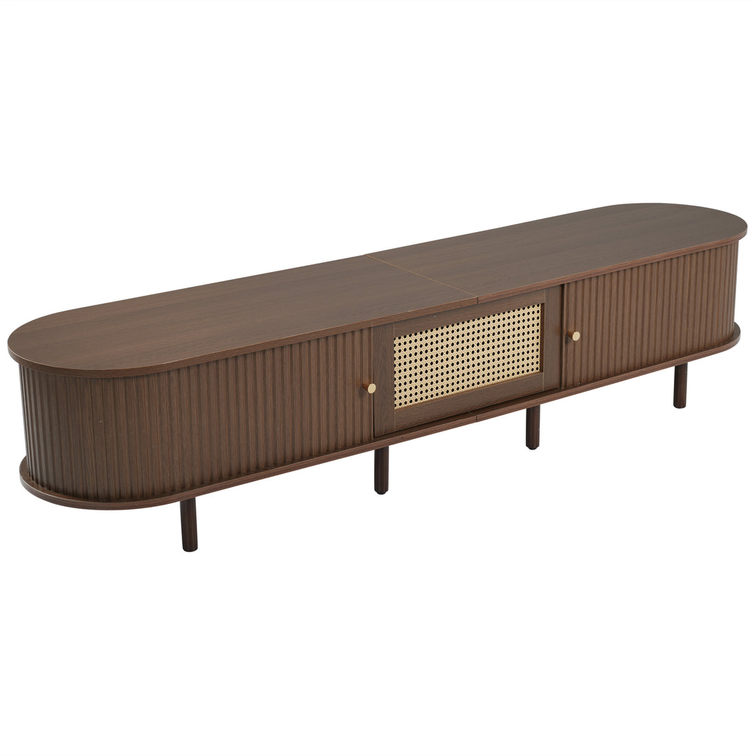 Retro walnut TV stand oval rounded corners 2 slide doors 180×40×40cm SOREN