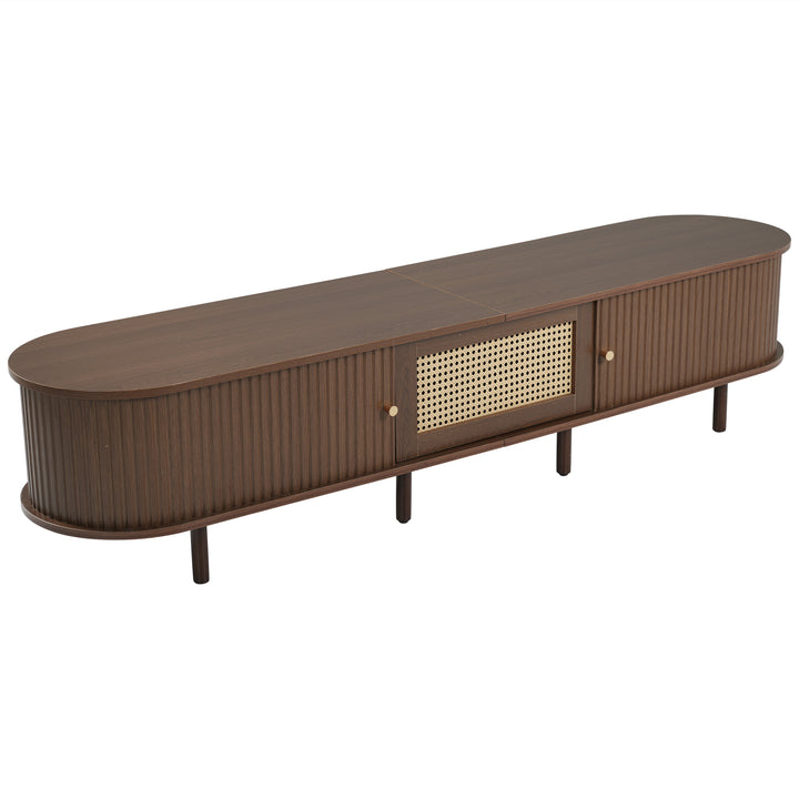 Retro walnut TV stand oval rounded corners 2 slide doors 180×40×40cm SOREN