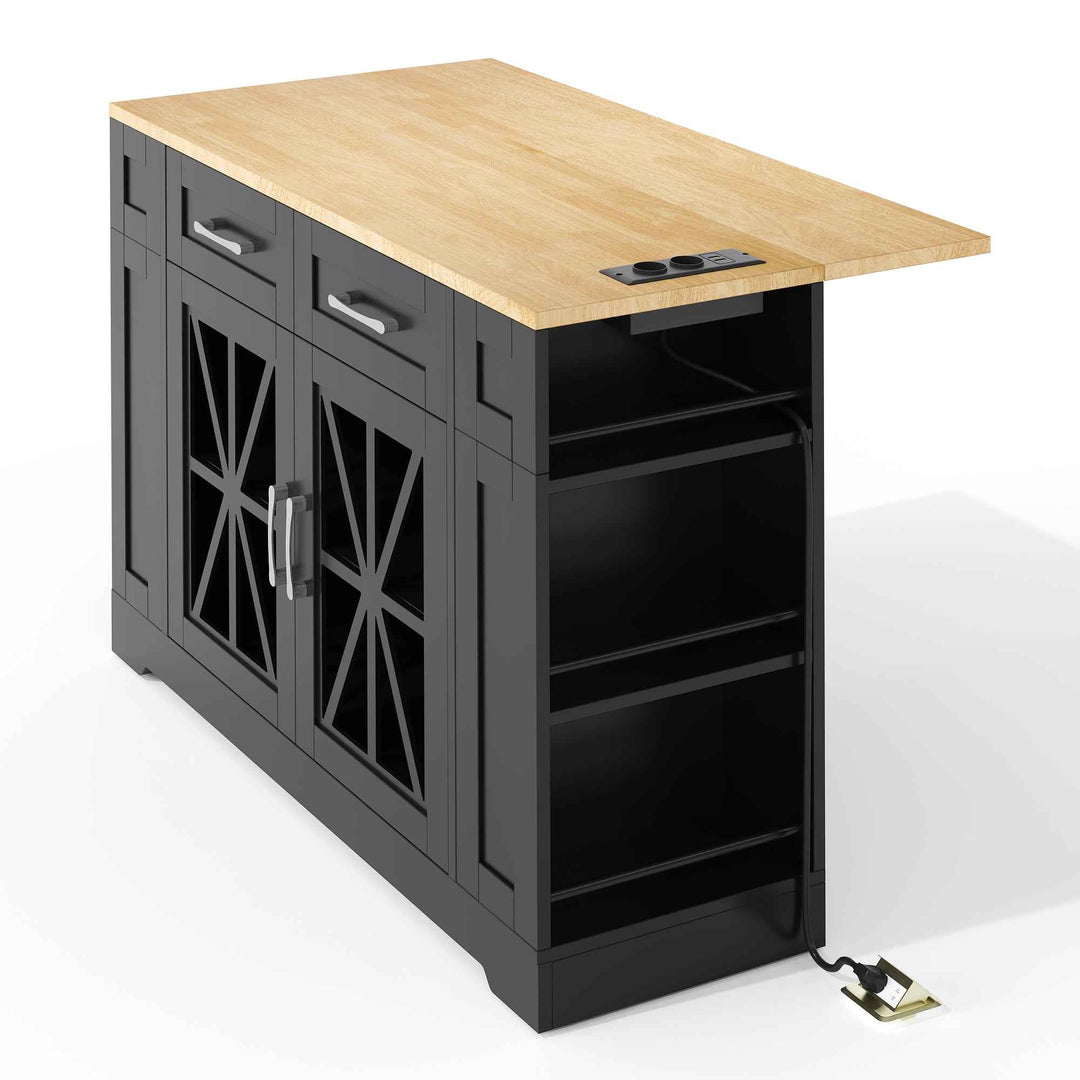Kitchen Island on Wheels with Foldable Tabletop, AC Socket, USB Port, Glass Doors, Adjustable Shelves, Black & Natural MDF, 120x65x92cm, Multi-Functional Storage for Kitchen, Dining, Living Room