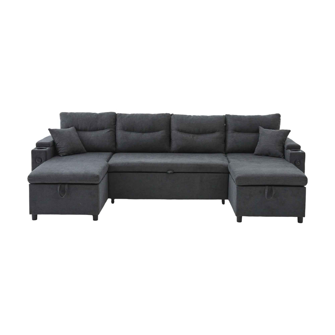 00+缺图 4-Seater Linen Fabric Sofa, Dark Grey, 272 cm, Dual Chaise Sleeper with Storage TRUNKSET
