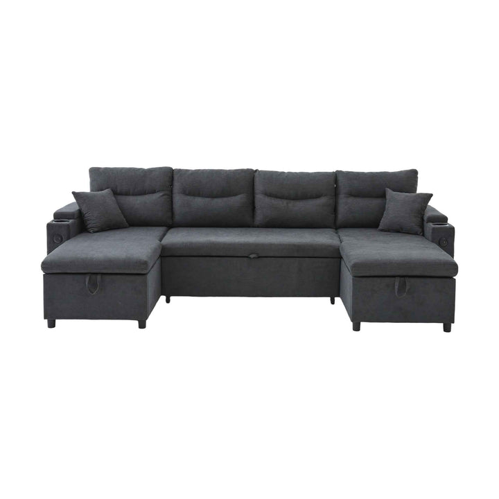 00+缺图 4-Seater Linen Fabric Sofa, Dark Grey, 272 cm, Dual Chaise Sleeper with Storage TRUNKSET