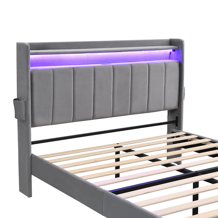 Upholstered velvet grey double bed with storage headboard, LED lighting and charging ports 135x190cm FIRNSNOW UK