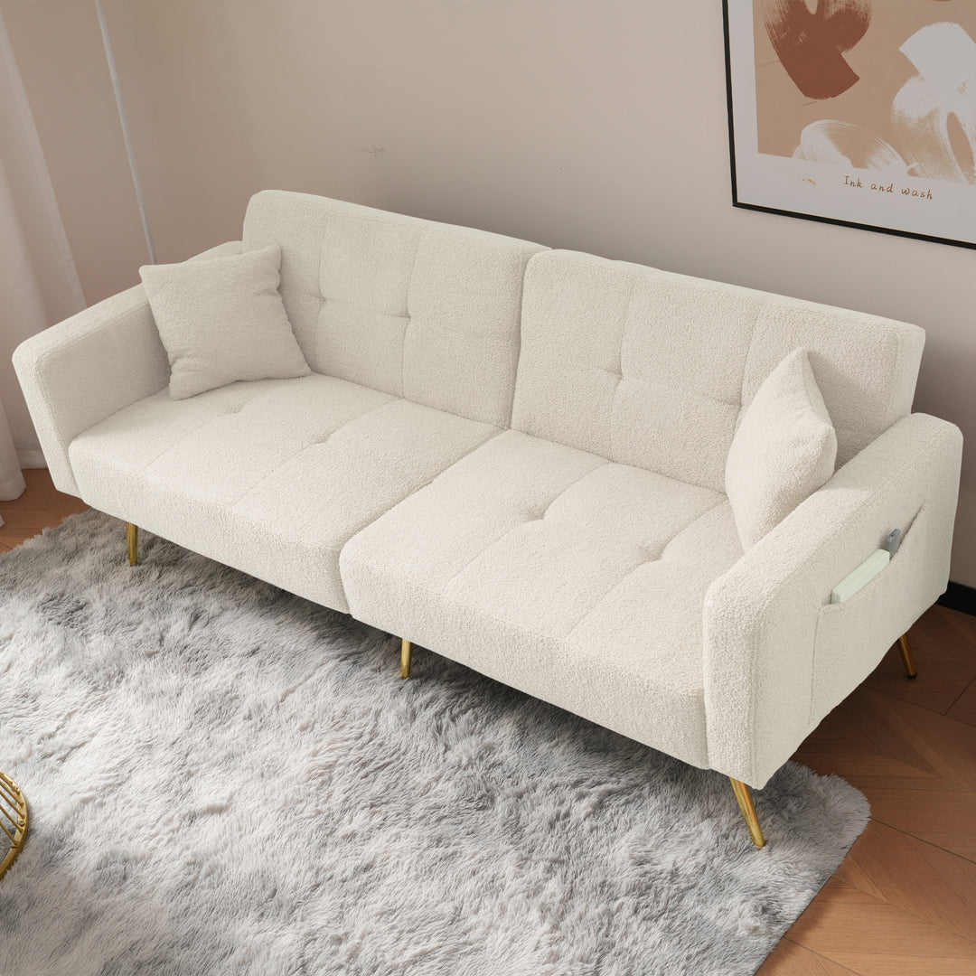 Ivory white sherpa 3-seater clic-clac sofa bed, adjustable backrest & side pocket ALDEN WHITE UK