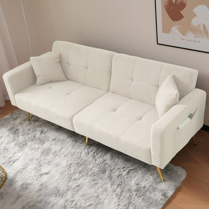 Ivory white sherpa 3-seater clic-clac sofa bed, adjustable backrest & side pocket ALDEN WHITE UK