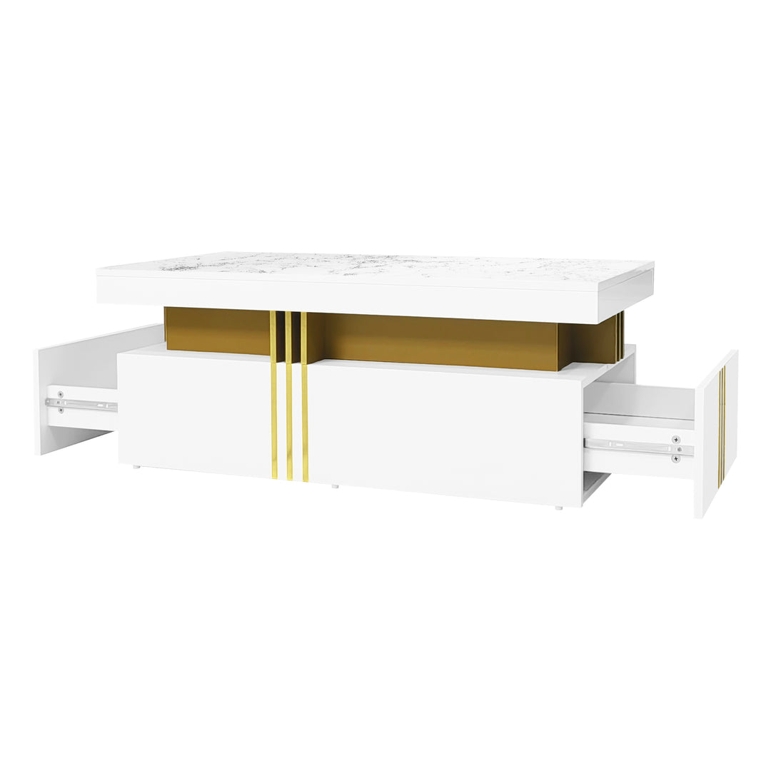White marble look coffee table with gold accents and 2 drawers CREPUSCRAY
