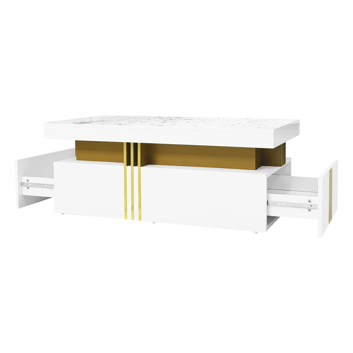 White marble look coffee table with gold accents and 2 drawers CREPUSCRAY