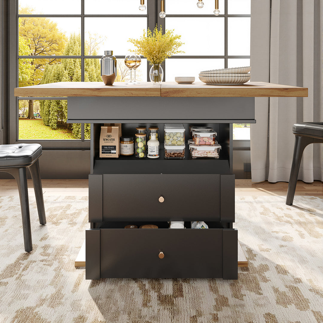 Extendable wooden dining table (110-140×80 cm) black shlef and 2 drawers SUNSPOT