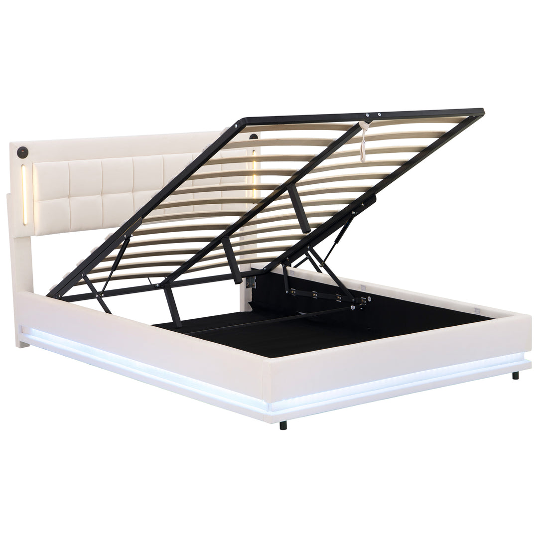 Beige velvet king ottoman end opening bed with LED lighting and charging station (150*200cm) DUSKHAVEN