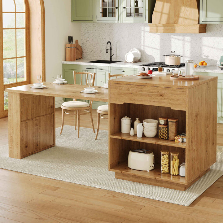 Kitchen island with extendable table, oak effect, LED glass door, 2 drawers INFINITECASC
